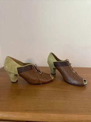 Re-Mix 豪华复古经典露趾牛津复古鞋 9 码橄榄色和棕色 — 第 1/4 张图片