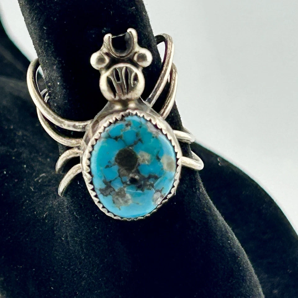 Sterling Navajo Spider Grandmother Ring Turquoise Pyrite Matrix Sz 6½ 60s VTG - Image 1 of 4