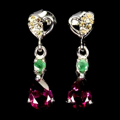 Black Friday Sterling Silver Earrings Pear Rhodolite Garnet 7x5mm Emerald Gem - Image 1 of 4