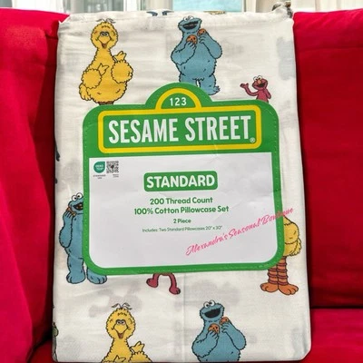 Sesame Street Standard 2 PC Pillowcases Cookie Monster Big Bird Elmo 100% Cotton - Image 1 of 4
