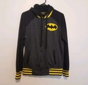 Batman Emblem Gray Knit Varsity Jacket Hood Snaps Striped Trim Adult Sz S  - Picture 1 of 10
