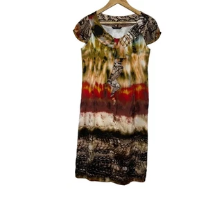 Cara Lotti Silk Sheath Dress Size 8 Brown Rust Yellow Cap Sleeves Scoop Neck - Picture 1 of 7