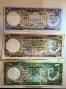 EQUATORIAL GUINEA 25 50 100 EKUELE 1975 P9-11 UNC BANCO POPULAR MASIE ISSUE SET - Picture 1 of 5