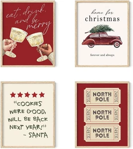 Christmas Wall Art Prints Set of 4,Winter Decor,Red Truck Santa Christmas Decor  - Picture 1 of 12