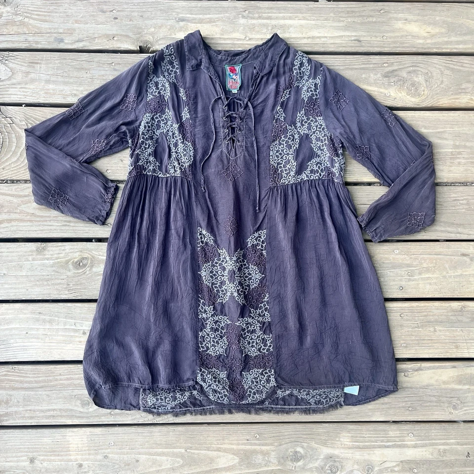 Vestido recto Johnny Was Boho bordado gris Cupra rayón manga larga talla M Foto 1 de 4