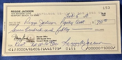 1991  REGGIE JACKSON SIGNED FRONT/ BACK CANCELLED CHECK  HOF’ER  DUAL AUTOGRAPH - Image 1 of 2