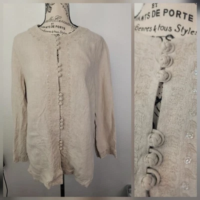 Camisa con botones Neiman Marcus para mujer talla mediana 100 % lino adornada tostado Foto 1 de 4