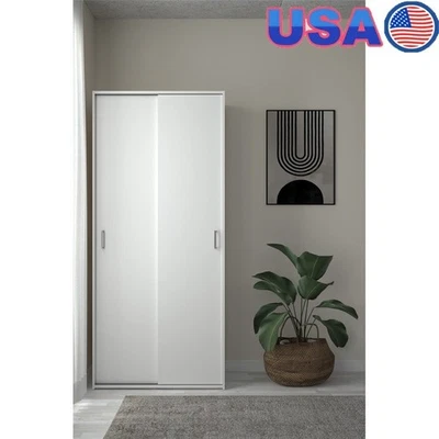 Space Armoire Wardrobe W/ Sliding Doors Fixed Shelves Hanging Rod Adults White - Image 1 of 4
