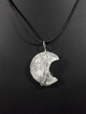 Crescent Moon Stone Tree Wire Wrapped Pendant  Black Cord Necklace 18 in - Image 1 of 4