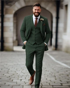 Men Green Wool Herringbone Vintage Tweed Vintage Prom Groom Tuxedo Wedding Suit - Picture 1 of 12