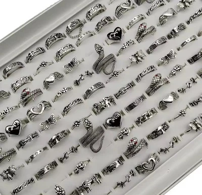 Lote de 50 anillos de plata a granel para hombres y mujeres gótico grunge moda anillo al por mayor Foto 1 de 4