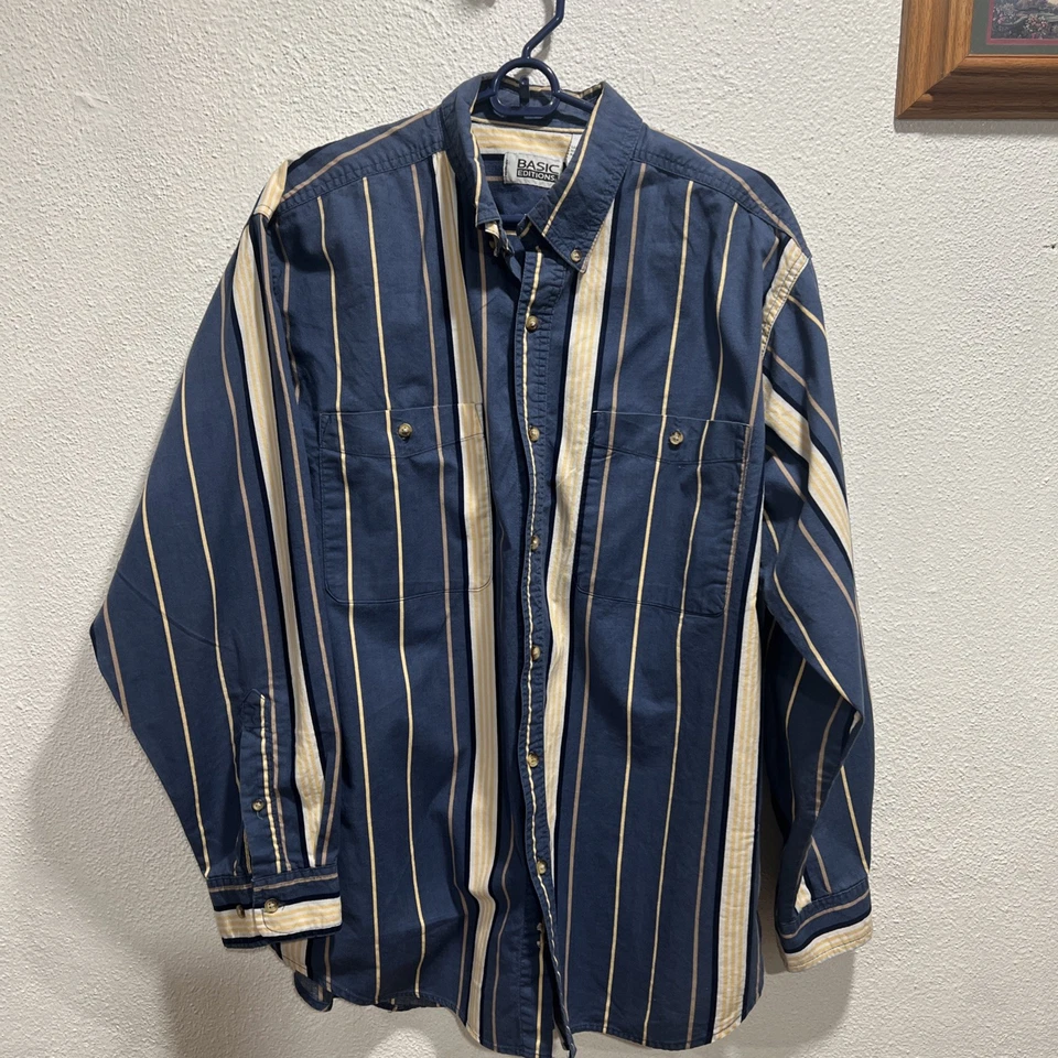 Basic Editions VTG Men's Dress Shirt L Button Down Blue/yellow White Striped - Image 1 of 4