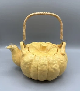 Showa Ceramic Japanese Yellow Pumpkin Teapot With Rattan Handle Great Condition - Picture 1 of 5