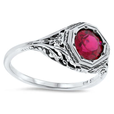 CLASSIC DESIGN 925 STERLING SILVER ART DECO STYLE LAB-CREATED RUBY RING     #085 - Image 1 of 4