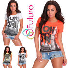 Casual Rhinestoned T-Shirt London Print Crew Neck Party Top Sizes 8-14 FB229