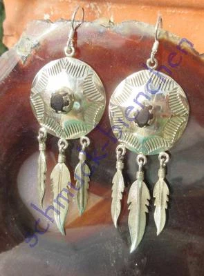 Rx Orecchini Disco Piuma con Onice Nero Pietra Argento Sterling 925 - Immagine 1 di 4