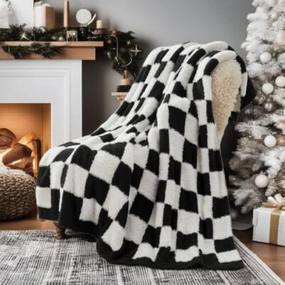  Manta de piel sintética para sofá, tiro a cuadros negro (50"x60") negro blanco Foto 1 de 4