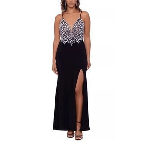 XSCAPE Women’s Broken Glass Beads Long Gown Dress Spaghetti Straps Black 8 - Picture 1 of 4