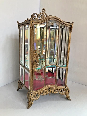 Antique French Mini Beveled Glass Display Cabinet with One Shelve Cover