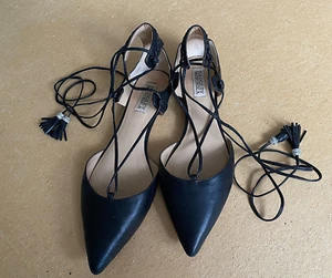 BADGLEY MISCHKA  Lace Up Bliss  Black  Leather Ballet Flats , Size 8 1/2. - Picture 1 of 7