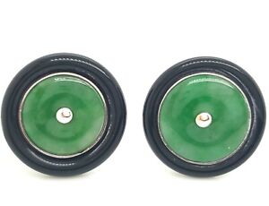Natural Fine Green Jade and Black Onyx 18K White Gold Cufflinks