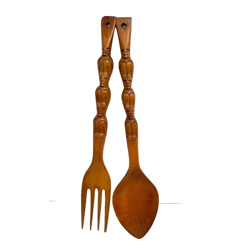 Vintage Large Wooden Tiki Totem Fork and Spoon Wall Decor Hand Carved 27” Long Cover