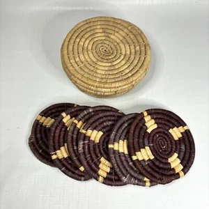 Coiled Grass Coaster Basket Set Straw Rattan Woven Barware Man Cave Vintage - Picture 1 of 5