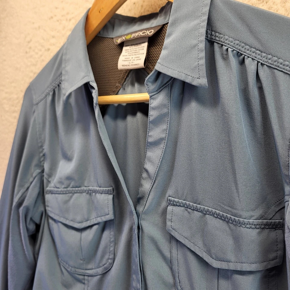 Camisa con botones Exofficio para mujer pequeña azul pescado senderismo camping manga larga ventilada Foto 1 de 4