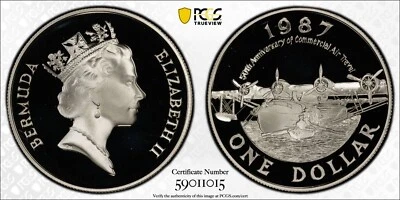 Avión anfibio Bermuda Silver 1987 $1 aviación comercial - PCGS PF 69 UC Foto 1 de 3