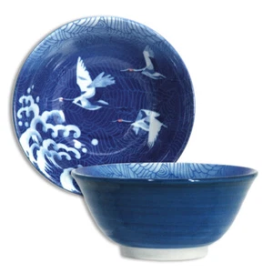 SET of 2 PCS 6"D Japanese Chinese Rice Soup Noodle Bowl Crane Wave Made in Japan - Picture 1 of 4