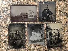 Lot of 5 antique tintypes, children, family, house and horse-drawn carriage