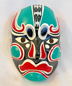 Maschera viso teatro cinese cartapesta arte da parete asiatica Kabuki verde rosso nero - Foto 1 di 4