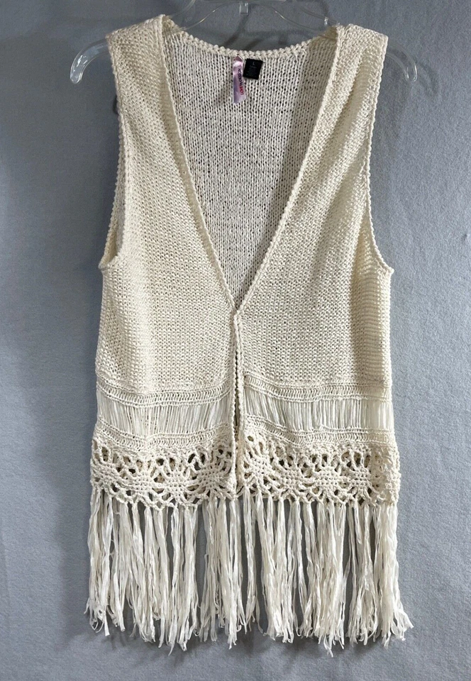 Colete Suéter Love By Design Feminino Marfim L Malha Aberta Frente Aberta Casa de Campo Boho Quadril - Imagem 1 de 4