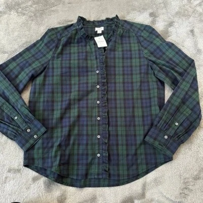 全新带标签 J. Crew Factory 小号黑色绿色手表格子荷叶领上衣衬衫棉质 — 第 1/4 张图片