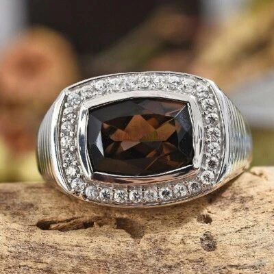 Piedras preciosas de cuarzo ahumado natural con anillo de plata de ley 925 para hombre #1443 Foto 1 de 4