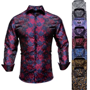 Mens Dress Silk Shirt Long Sleeve Black Blue Paisley Floral Casual Button Down