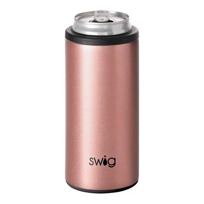 Enfriador de latas flacas de acero inoxidable aislado oro rosa frío caliente 12 oz Swig Life Foto 1 de 4