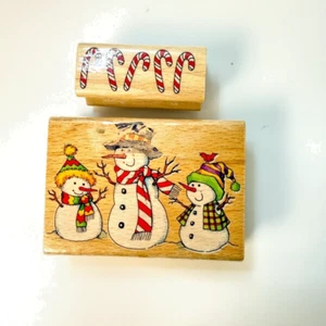 Three Snowmen 440H26~Candy Cane Border 440D176~Christmas~Rubber Stamp~StampCraft - Picture 1 of 8