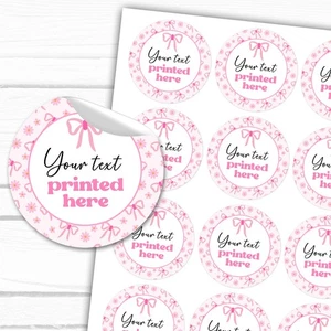 Personalised Stickers Custom Any Text Printed GLOSS Labels Pink Bows - Picture 1 of 2