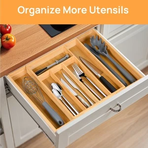 Expandable Bamboo Kitchen Drawer Organizer Adjustable Cutlery Tray for Flatware - Picture 1 of 7