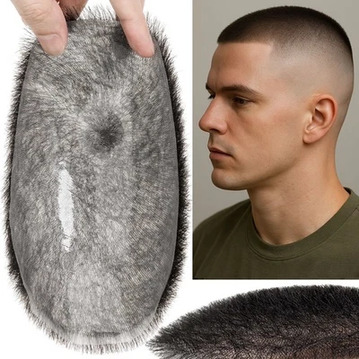 男式 Toupee Real Human 头发薄皮肤 PU 头发单片系统假发 Buzz Cut 1 厘米 — 第 1/4 张图片