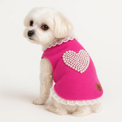 Vestido de Lujo Rosa Perla Corazón Perro - Hecho a Mano Encaje Mascota Conjunto XS Foto 1 de 4
