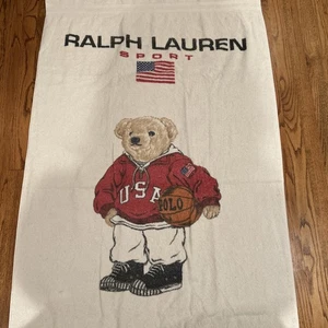 Vintage Polo Bear Ralph Lauren Sport USA Flag Cotton White Beach Towel 34" X 65" - Picture 1 of 5