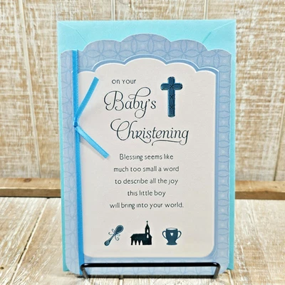 Tarjeta de felicitación de bautizo de primavera 5x7 versículo bíblico religioso niño cinta azul Foto 1 de 4