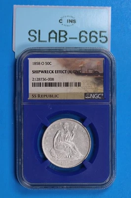 1858-O 50C SEATED LIBERTY SILVER HALF DOLLAR NGC SHIPWRECK EFFECT A UNC SLAB-665 - Image 1 of 2