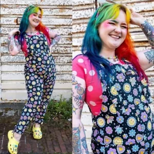 RUN AND FLY Bee Happy Print Twill Cotton Dungarees 4XS-4XL Cute Alt Overalls - Picture 1 of 7