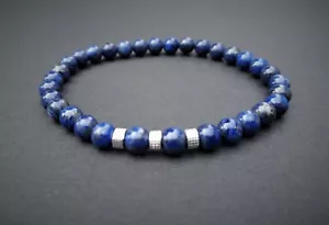Spiritual Beads Men's Bracelet 6mm Blue Egyptian Lapis Lazuli, Silver rope bead - Picture 1 of 2