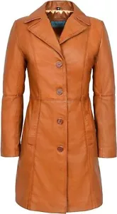 TRENCH Donna Giacca Vera Pelle Classica Lunghezza Ginocchio Cappotto Designer - Foto 1 di 15
