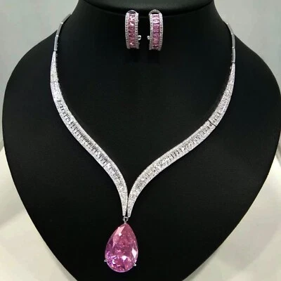 Conjunto de aretes collar de piedras preciosas rosas rellenos de oro blanco de 18 quilates joyería nupcial regalo Foto 1 de 4