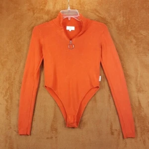 UNIF Womens Top Small Orange Ribbed Knit Bodysuit 1/4 Zip Mock Neck Stretch - Picture 1 of 7